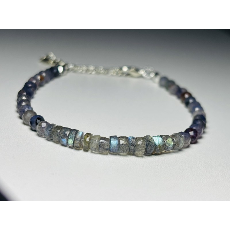 Bransoletka premium Cordieryt Labradoryt fasetowany srebro 925