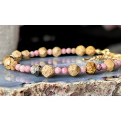 Rodonit jaspis mozaikowy pudrowa złota bransoletka z kamieni