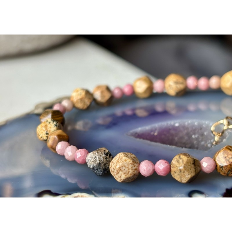 Rodonit jaspis mozaikowy pudrowa złota bransoletka z kamieni