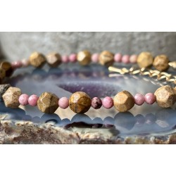 Rodonit jaspis mozaikowy pudrowa złota bransoletka z kamieni