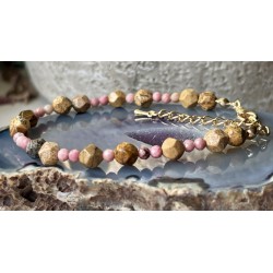 Rodonit jaspis mozaikowy pudrowa złota bransoletka z kamieni