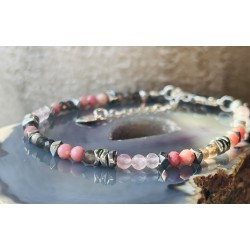 3 Rodonit kwarc różowy i dymny hematyt srebro 925