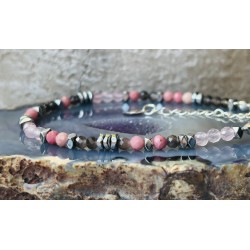 3 Rodonit kwarc różowy i dymny hematyt srebro 925