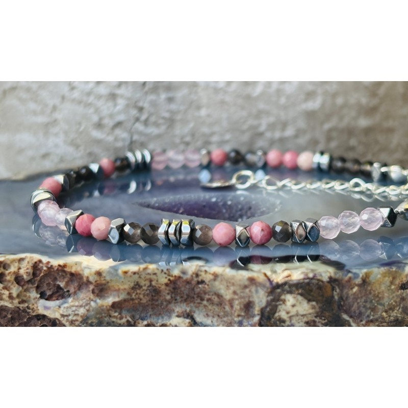 3 Rodonit kwarc różowy i dymny hematyt srebro 925