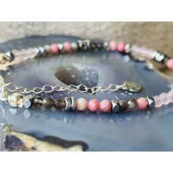 3 Rodonit kwarc różowy i dymny hematyt srebro 925