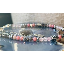 3 Rodonit kwarc różowy i dymny hematyt srebro 925