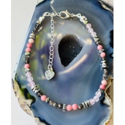 3 Rodonit kwarc różowy i dymny hematyt srebro 925