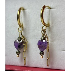 Kolczyki serce ametyst fasetowane złote kółeczka kamień naturalny
