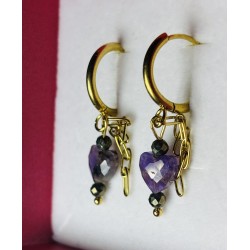 Kolczyki serce ametyst fasetowane złote kółeczka kamień naturalny