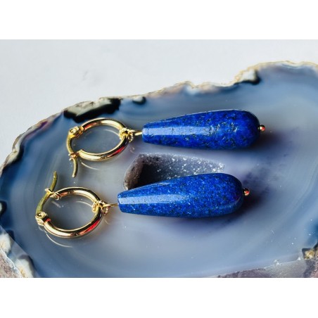 Lapis lazuli granatowe krople kolczyki piryt kamień naturalny