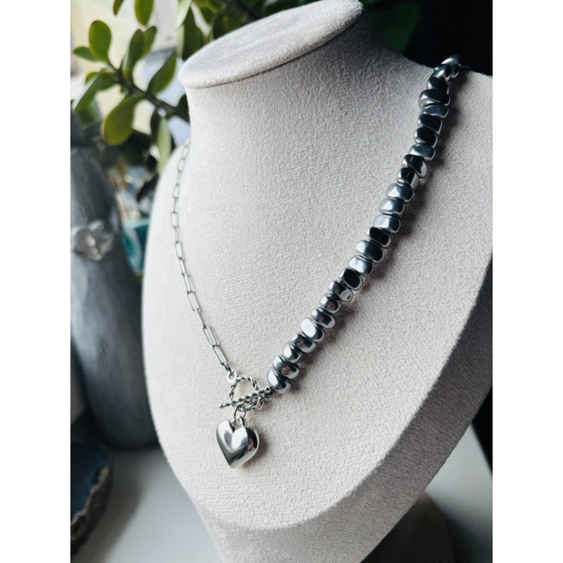 Hoker z hematytu serduszko srebrne kółko naszyjnik naturalny