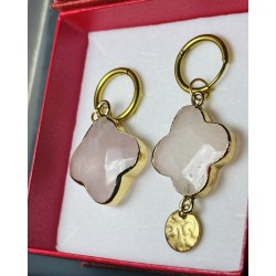 Kolczyki kamień naturalny Kwarc różowy złote kółka kwiat