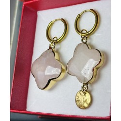 Kolczyki kamień naturalny Kwarc różowy złote kółka kwiat