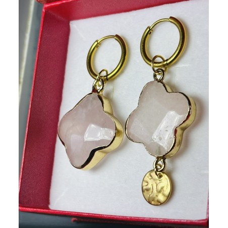 Kolczyki kamień naturalny Kwarc różowy złote kółka kwiat