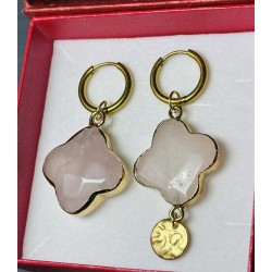 Kolczyki kamień naturalny Kwarc różowy złote kółka kwiat