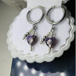 Kolczyki serce ametyst kamień naturalny srebrne kółka