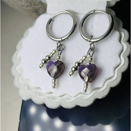 Kolczyki serce ametyst kamień naturalny srebrne kółka