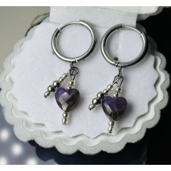 Kolczyki serce ametyst kamień naturalny srebrne kółka