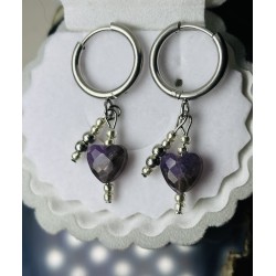 Kolczyki serce ametyst kamień naturalny srebrne kółka